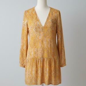 Zara| Boho Paisley Long Sleeve Yellow Gold Lightweight Tunic Mini-Dress Sz S